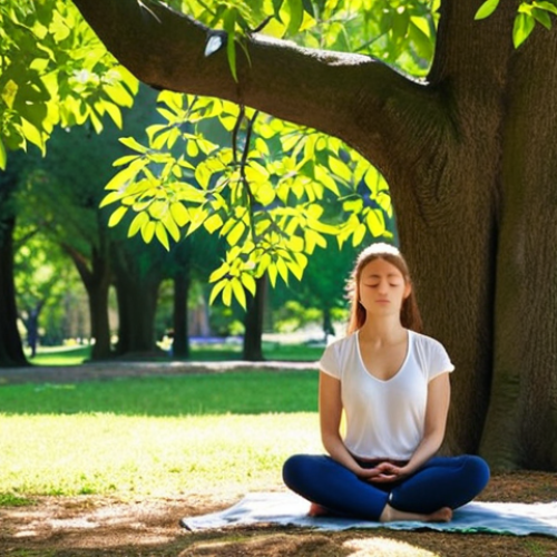 **A serene individual sitting beneath a large, leafy tree in a sun-dappled park, eyes closed in meditation. Gentle rays of sunlight filter through the leaves, creating a peaceful atmosphere. Focus on conveying a sense of calm and connection with nature. The colors should be soft and natural.**