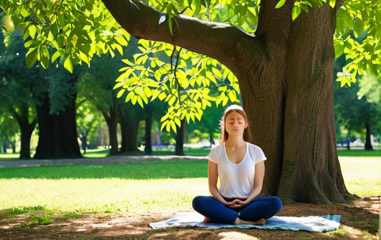 **A serene individual sitting beneath a large, leafy tree in a sun-dappled park, eyes closed in meditation. Gentle rays of sunlight filter through the leaves, creating a peaceful atmosphere. Focus on conveying a sense of calm and connection with nature. The colors should be soft and natural.**