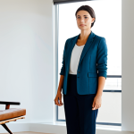 A professional-looking person in modest business-casual attire, standing peacefully in a sunlit, minimalist living room. The space is clean, organized, with essential, elegant furniture and natural light filtering through a large window. The person has a calm and reflective expression, symbolizing mental clarity and freedom from clutter. High-quality professional photography, perfect anatomy, correct proportions, natural pose, well-formed hands, proper finger count, natural body proportions, safe for work, appropriate content, fully clothed, modest, family-friendly.