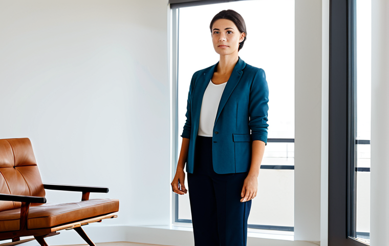 A professional-looking person in modest business-casual attire, standing peacefully in a sunlit, minimalist living room. The space is clean, organized, with essential, elegant furniture and natural light filtering through a large window. The person has a calm and reflective expression, symbolizing mental clarity and freedom from clutter. High-quality professional photography, perfect anatomy, correct proportions, natural pose, well-formed hands, proper finger count, natural body proportions, safe for work, appropriate content, fully clothed, modest, family-friendly.