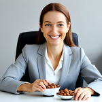 Businesswoman & Nuts**

"A professional businesswoman in a modest business suit, sitting at a desk in a modern office. She is smiling and holding a small bowl of mixed nuts (almonds, walnuts, cashews). The office background is clean and bright. Safe for work, appropriate content, fully clothed, professional photography, natural proportions, well-formed hands, family-friendly."

**