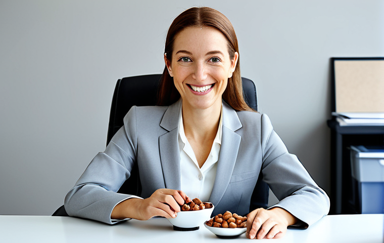 Businesswoman & Nuts**
"A professional businesswoman in a modest business suit, sitting at a desk in a modern office. She is smiling and holding a small bowl of mixed nuts (almonds, walnuts, cashews). The office background is clean and bright. Safe for work, appropriate content, fully clothed, professional photography, natural proportions, well-formed hands, family-friendly."
**