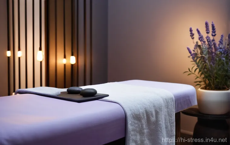 스트레스 해소를 위한 마사지와 스파 - **Prompt for Deep Tissue Massage:**
    "A clean, modern spa room with focused, soft lighting highli...