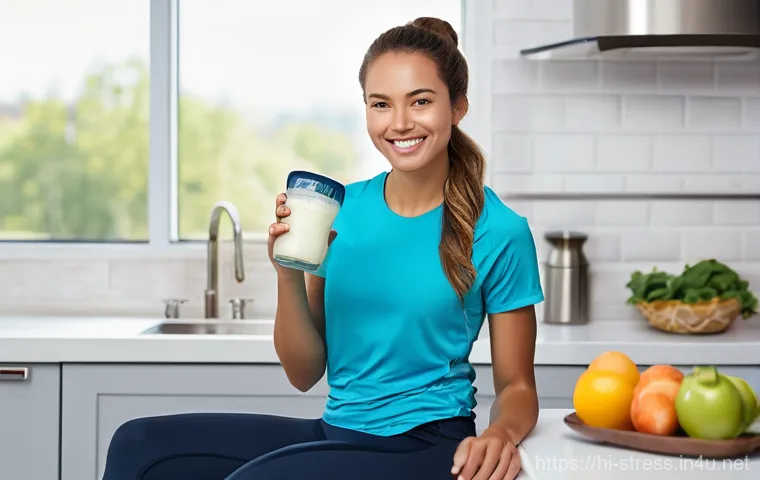 스트레스 해소법  운동 후 피로 회복법 - **Post-Workout Refuel and Hydration:**
    "An athletic and healthy-looking individual, of any gende...