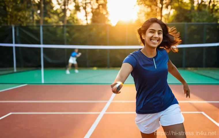 스트레스 해소를 위한 취미  스포츠와 운동 - **Prompt:** A young South Asian woman, in her late 20s, with a radiant smile, is fully immersed in a...