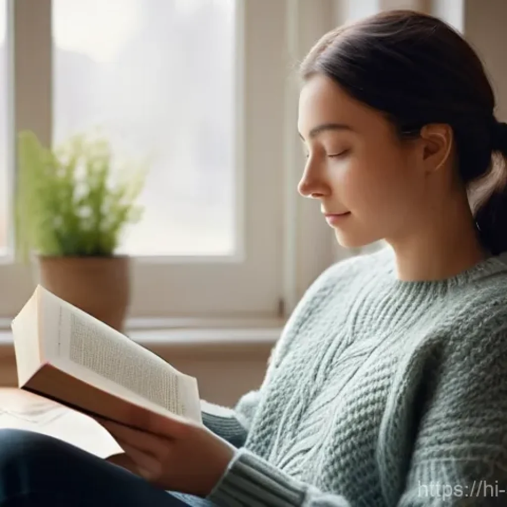 스트레스 해소법  스트레스 해소에 좋은 책 - **Prompt:** A serene young woman in her mid-20s, with a gentle, focused expression, is comfortably s...