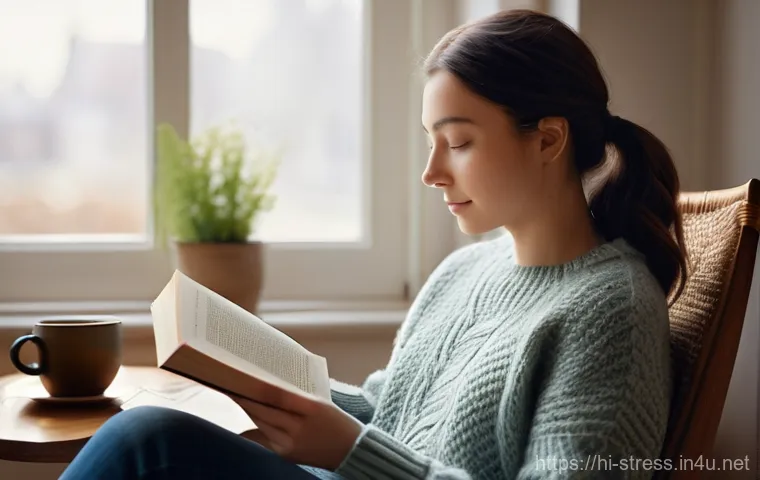 스트레스 해소법  스트레스 해소에 좋은 책 - **Prompt:** A serene young woman in her mid-20s, with a gentle, focused expression, is comfortably s...