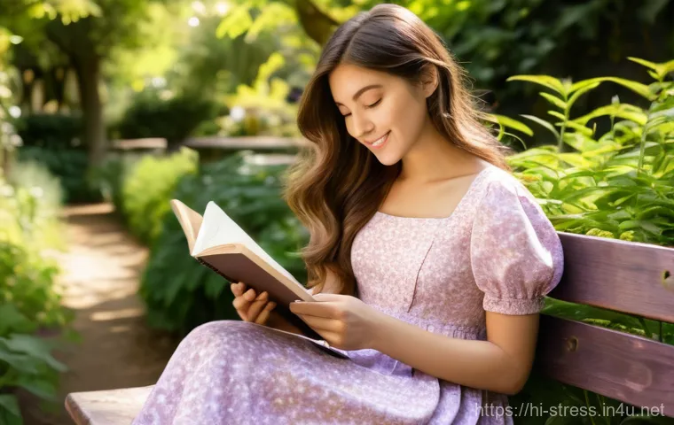 스트레스 해소를 위한 일기 쓰기 - A young woman, approximately 20-25 years old, with long, wavy brown hair, wearing a stylish yet mode...