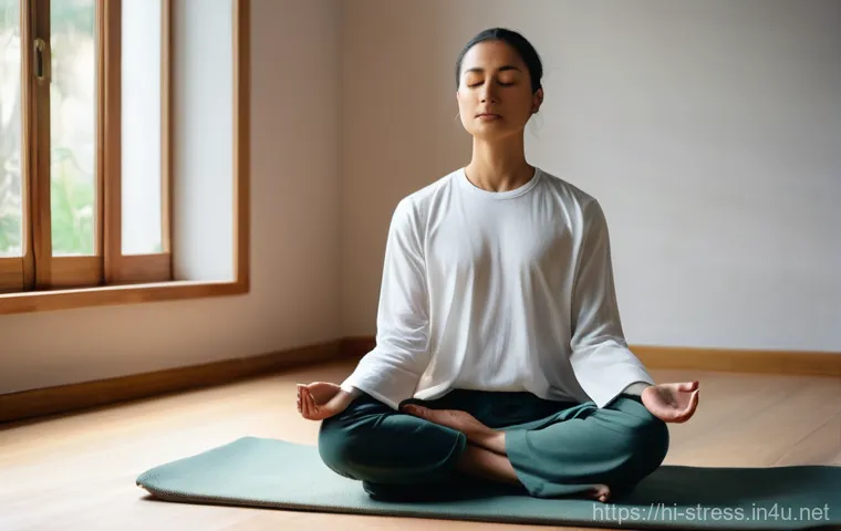 스트레스 해소법  몸과 마음의 균형 맞추기 - **Prompt:** A serene full-body shot of an adult individual, gender-neutral, engaged in a gentle outd...