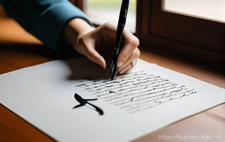 스트레스 해소를 위한 취미 생활   캘리그라피 - **Prompt 1: Serene Calligraphy Meditation**
    "A close-up, warm-toned shot of a person's hands met...