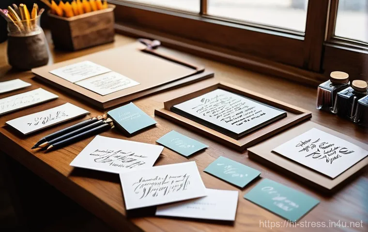 스트레스 해소를 위한 취미 생활   캘리그라피 - **Prompt 2: Creative Exploration of Calligraphy Styles**
    "An overhead view of an artist's desk, ...