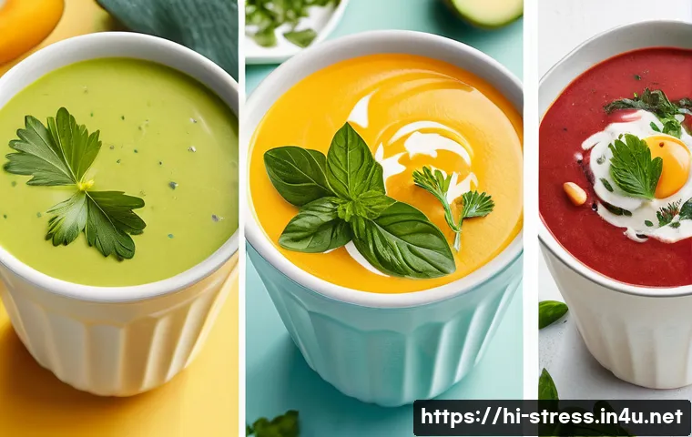 스트레스 해소를 위한 음식   수프와 스무디 - Here are three detailed image prompts in English, designed to generate images suitable for a 15-year...