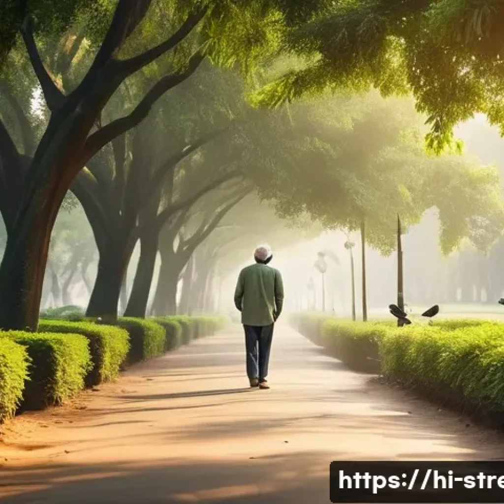 스트레스 해소를 위한 가벼운 활동 - A peaceful park scene in India during early morning, featuring a middle-aged man walking along a tre...