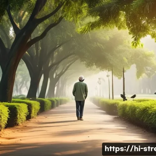 스트레스 해소를 위한 가벼운 활동 - A peaceful park scene in India during early morning, featuring a middle-aged man walking along a tre...
