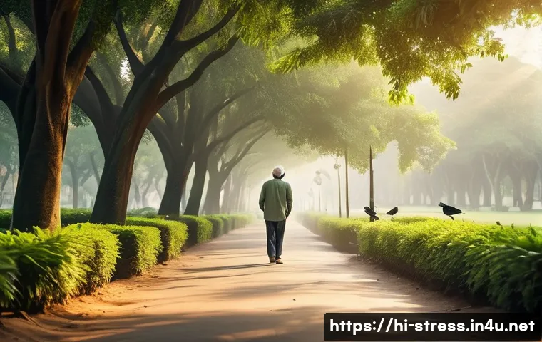 스트레스 해소를 위한 가벼운 활동 - A peaceful park scene in India during early morning, featuring a middle-aged man walking along a tre...