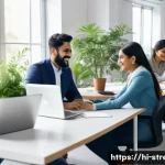 스트레스 해소법  업무 스트레스 관리법 - A peaceful modern office setting showing a diverse group of Hindi-speaking professionals collaborati...