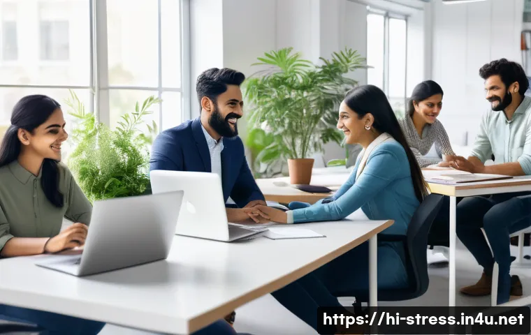 스트레스 해소법  업무 스트레스 관리법 - A peaceful modern office setting showing a diverse group of Hindi-speaking professionals collaborati...
