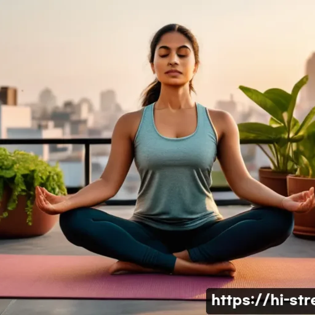 스트레스 해소를 위한 체중 조절 - A serene Indian woman practicing yoga at sunrise on a rooftop in a traditional urban neighborhood, w...