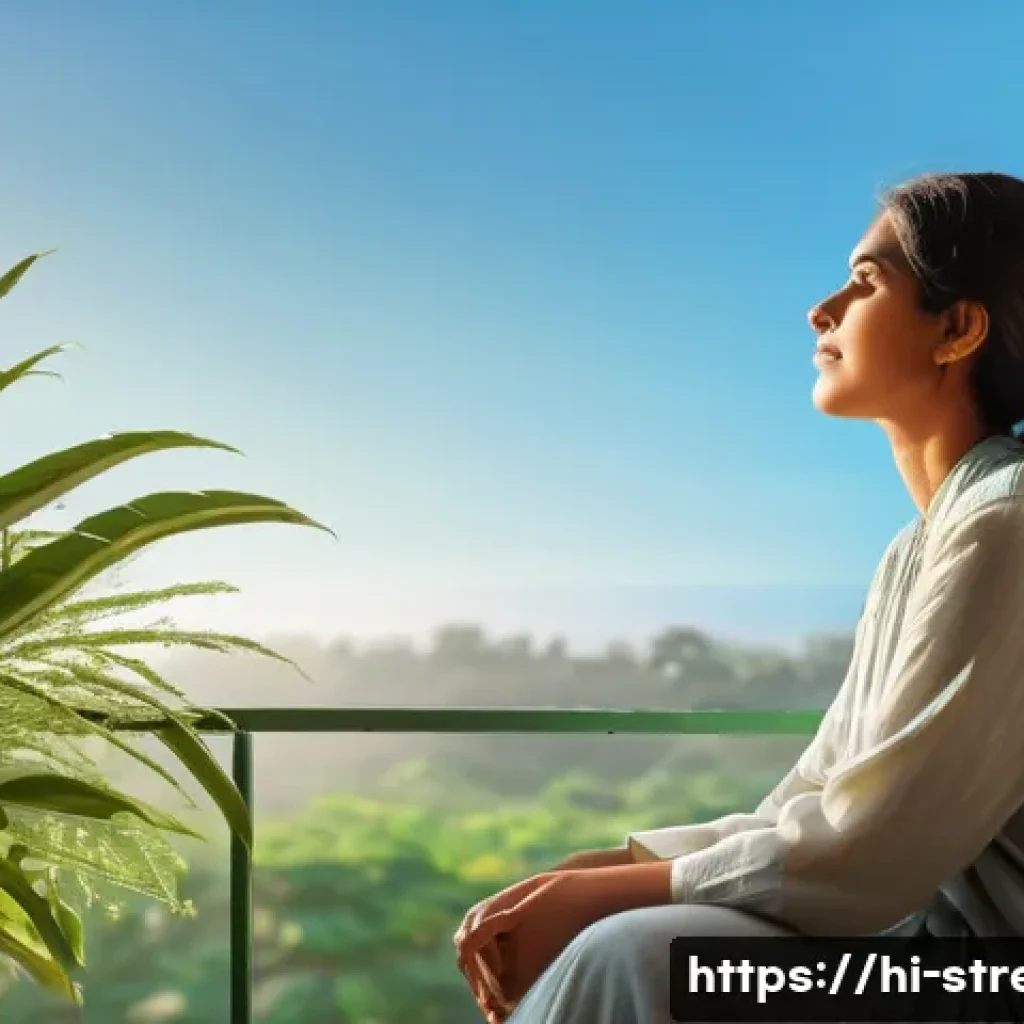 스트레스 해소를 위한 햇볕 받기 - A serene morning scene featuring a young Indian woman sitting peacefully in her balcony, basking in ...