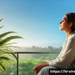 스트레스 해소를 위한 햇볕 받기 - A serene morning scene featuring a young Indian woman sitting peacefully in her balcony, basking in ...