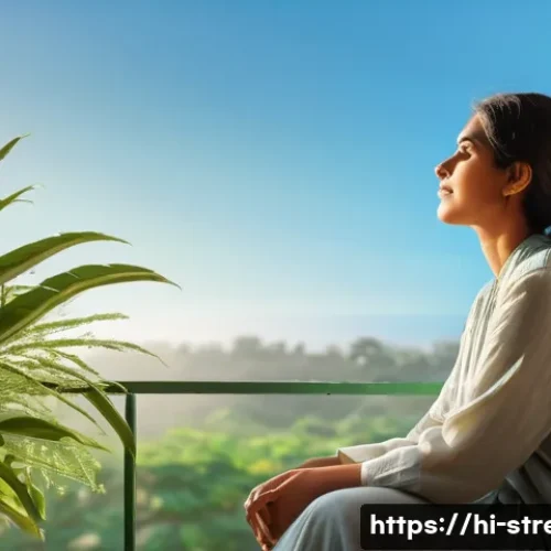 스트레스 해소를 위한 햇볕 받기 - A serene morning scene featuring a young Indian woman sitting peacefully in her balcony, basking in ...