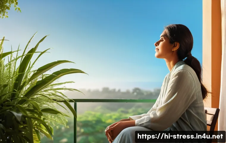 스트레스 해소를 위한 햇볕 받기 - A serene morning scene featuring a young Indian woman sitting peacefully in her balcony, basking in ...