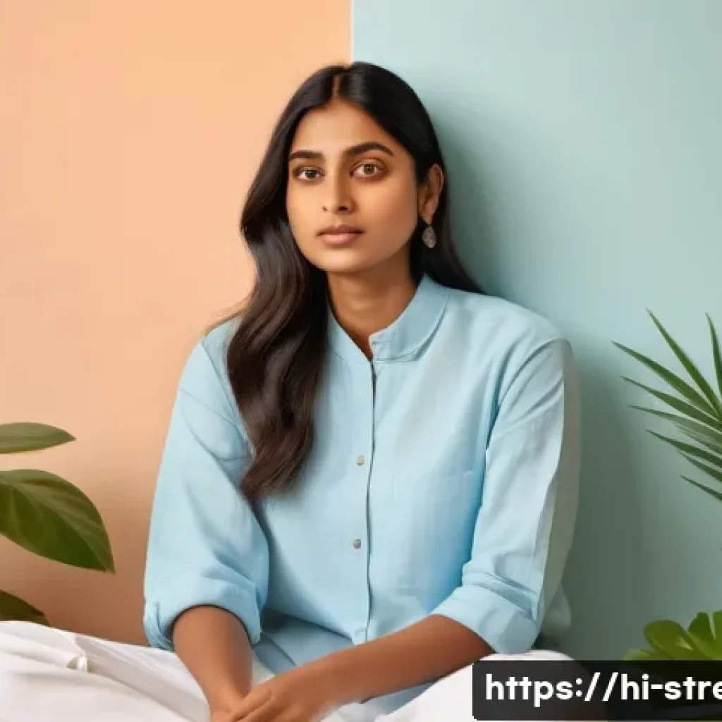 스트레스 해소를 위한 패션과 스타일링 - A serene young Indian woman wearing a light blue cotton shirt, sitting peacefully in a sunlit room w...