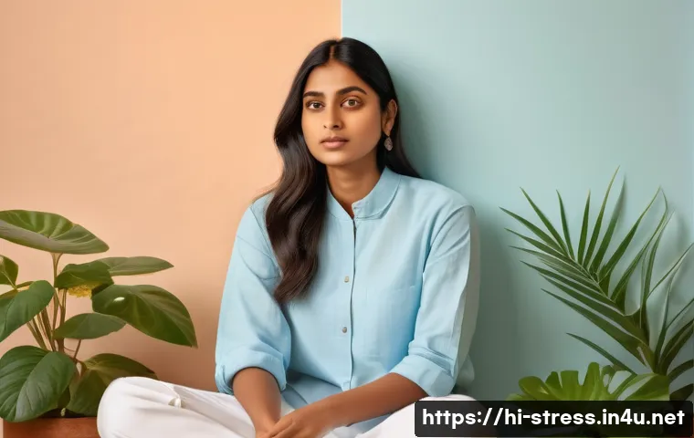 스트레스 해소를 위한 패션과 스타일링 - A serene young Indian woman wearing a light blue cotton shirt, sitting peacefully in a sunlit room w...