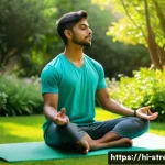 스트레스 해소를 위한 일상 루틴 - A serene morning scene featuring a young Indian man sitting cross-legged on a colorful yoga mat in a...