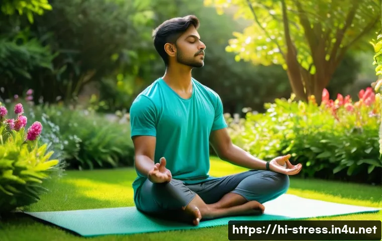 스트레스 해소를 위한 일상 루틴 - A serene morning scene featuring a young Indian man sitting cross-legged on a colorful yoga mat in a...