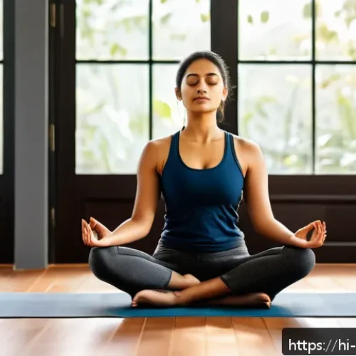 스트레스 해소법  간단한 요가 자세 - A serene indoor yoga corner featuring a Hindi-speaking person in comfortable, modest workout clothes...