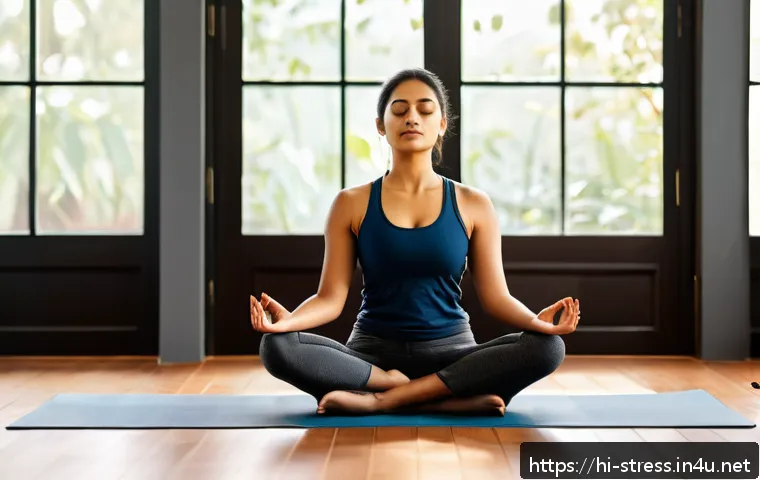 스트레스 해소법  간단한 요가 자세 - A serene indoor yoga corner featuring a Hindi-speaking person in comfortable, modest workout clothes...