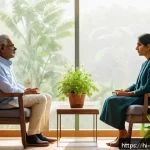 스트레스 해소법   심리상담 이용하기 - A serene therapy session scene featuring a middle-aged Hindi-speaking man sitting comfortably on a c...