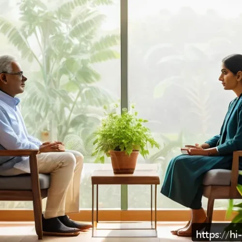 스트레스 해소법   심리상담 이용하기 - A serene therapy session scene featuring a middle-aged Hindi-speaking man sitting comfortably on a c...