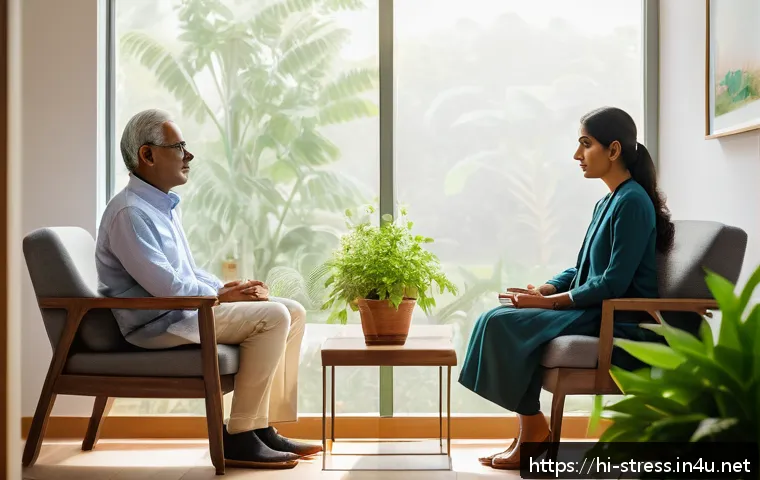 스트레스 해소법   심리상담 이용하기 - A serene therapy session scene featuring a middle-aged Hindi-speaking man sitting comfortably on a c...