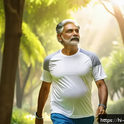 Home 17 스트레스 해소를 위한 꾸준한 운동 - A serene early morning scene showing a middle-aged Indian man wearing comfortable athletic wear walk...
