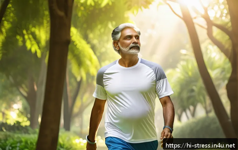 스트레스 해소를 위한 꾸준한 운동 - A serene early morning scene showing a middle-aged Indian man wearing comfortable athletic wear walk...