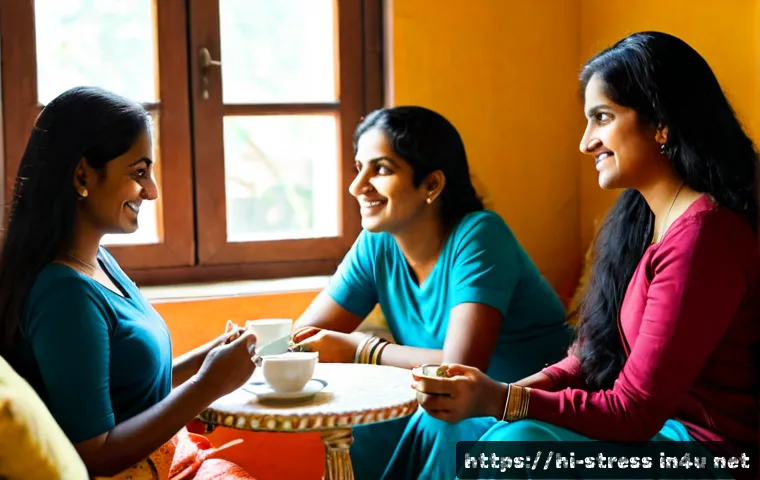 스트레스 해소를 위한 사람들과의 소통 - Photorealistic candid scene of three Indian friends in their 30s sharing a warm conversation over te...