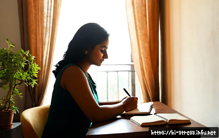 스트레스 해소를 위한 글쓰기 - Photorealistic Indian woman in her 30s calmly writing in a blank notebook at a tidy home desk, warm ...