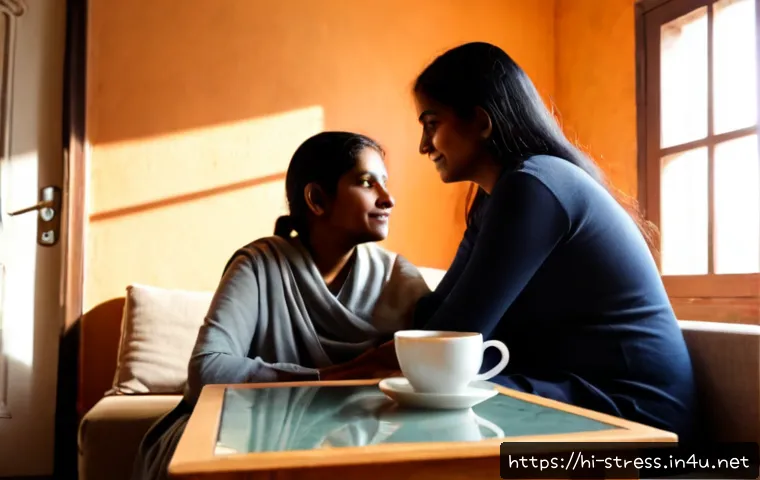 스트레스 해소법  스트레스를 줄이는 의사소통 - Photorealistic scene of a young Indian woman and her older mother sitting face-to-face in a calm sun...