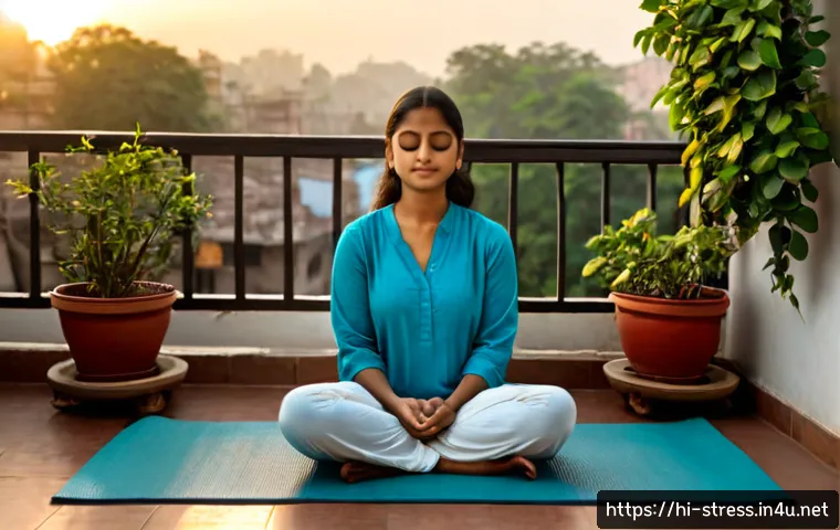 Home 30 스트레스 해소법 내면의 평화 찾기 - Photorealistic Indian woman in modest comfortable clothing practicing gentle meditation on a balcony...