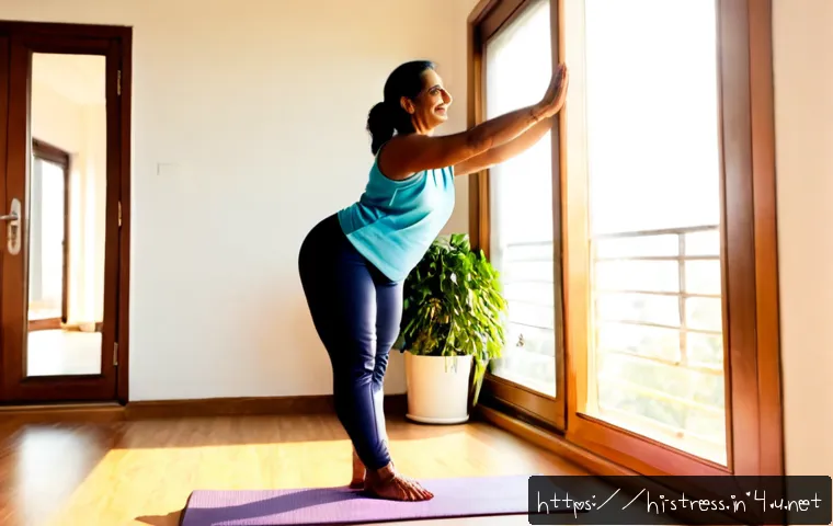 스트레스 해소를 위한 간단한 운동 - Photorealistic Indian woman in her 40s doing gentle standing side stretches beside a sunlit living-r...