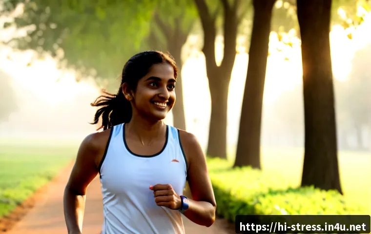 Home 17 스트레스 해소를 위한 유산소 운동 - Photorealistic early morning scene of an Indian woman in modest athletic wear jogging along a peacef...